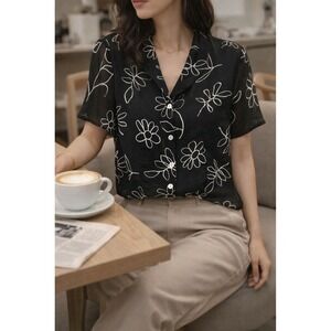 Vintage 90s Premier International Blouse Women's Medium Black Abstract Floral